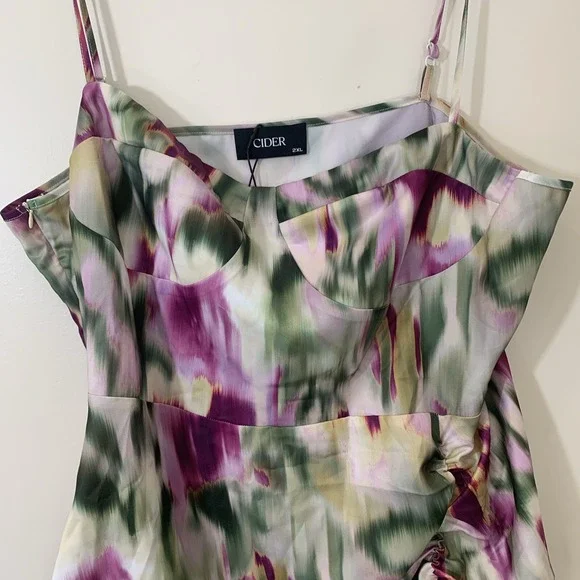 Cider Dress‎ Womens 2XL Watercolor Ruched Retro Disco Satin Midi Romantic - Picture 2 of 9